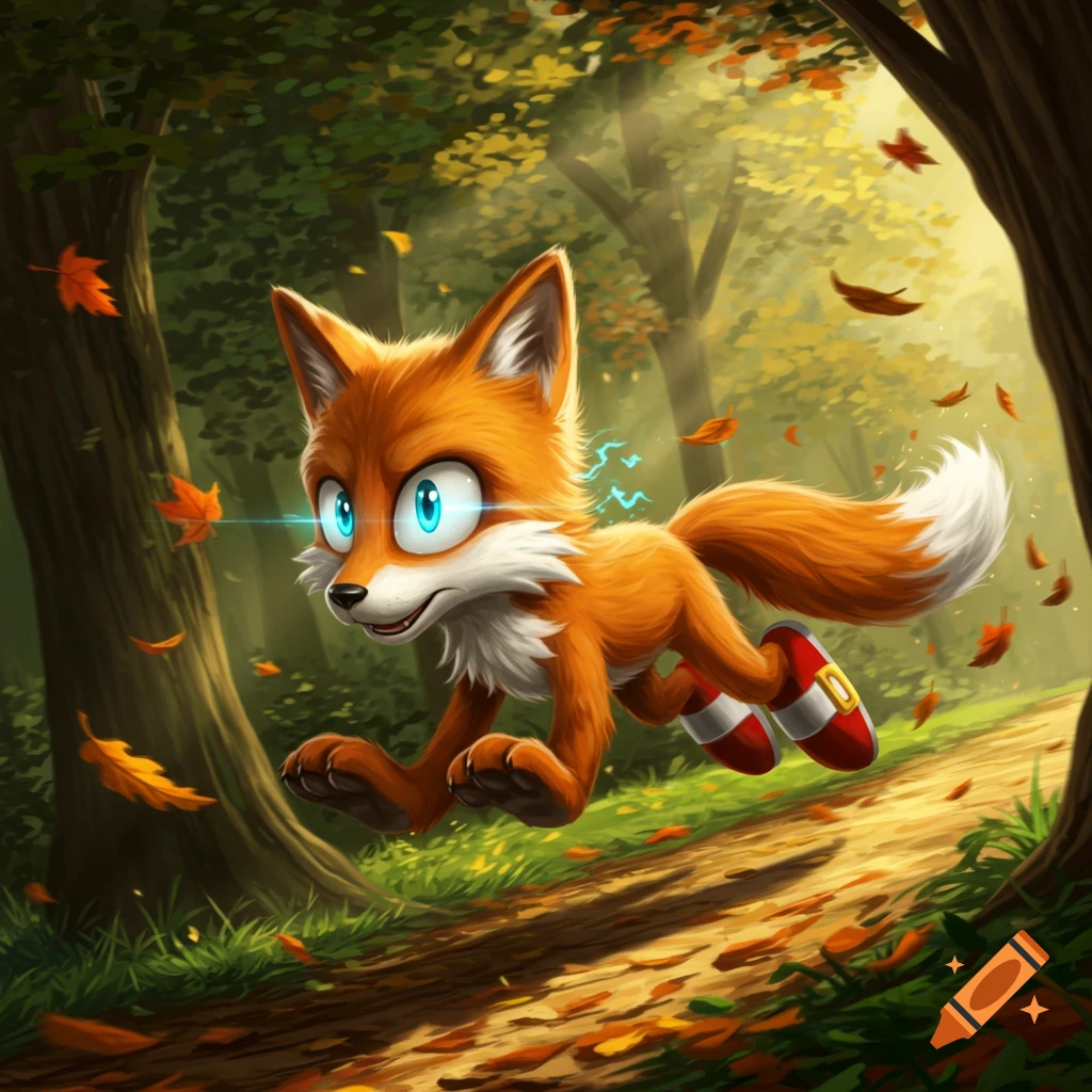 Cartoon fox, Tails, with bright blue eyes and red shoes, leaping energetically through an autumn forest with falling leaves.