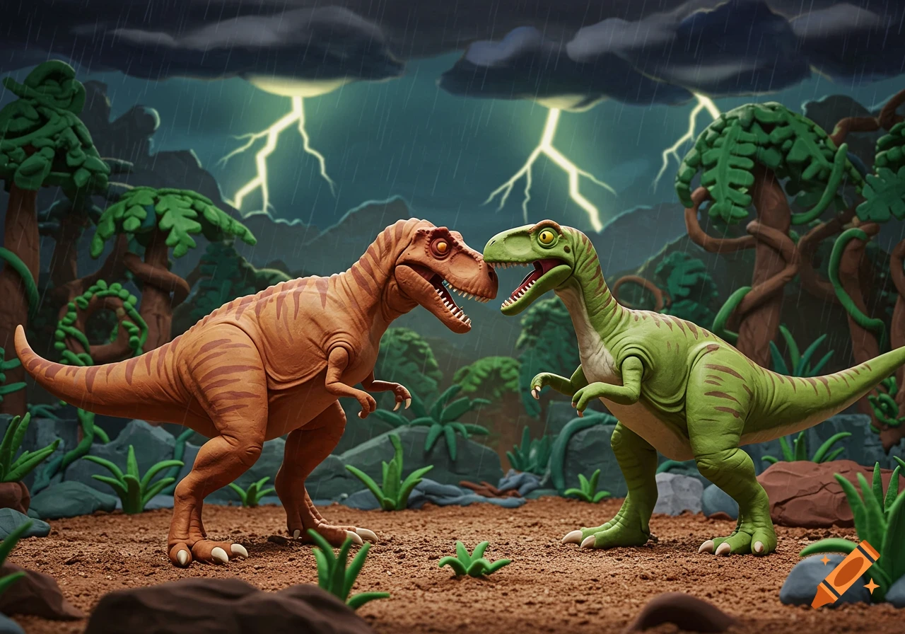 Claymation of an orange T-Rex and a green Allosaurus roaring at each other in a jungle thunderstorm with lightning.