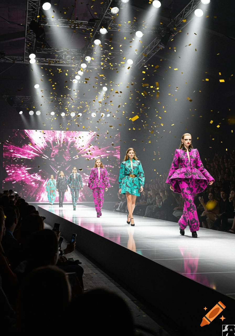 Models in vibrant, patterned outfits walk a spotlighted runway as golden confetti falls during a fashion show.