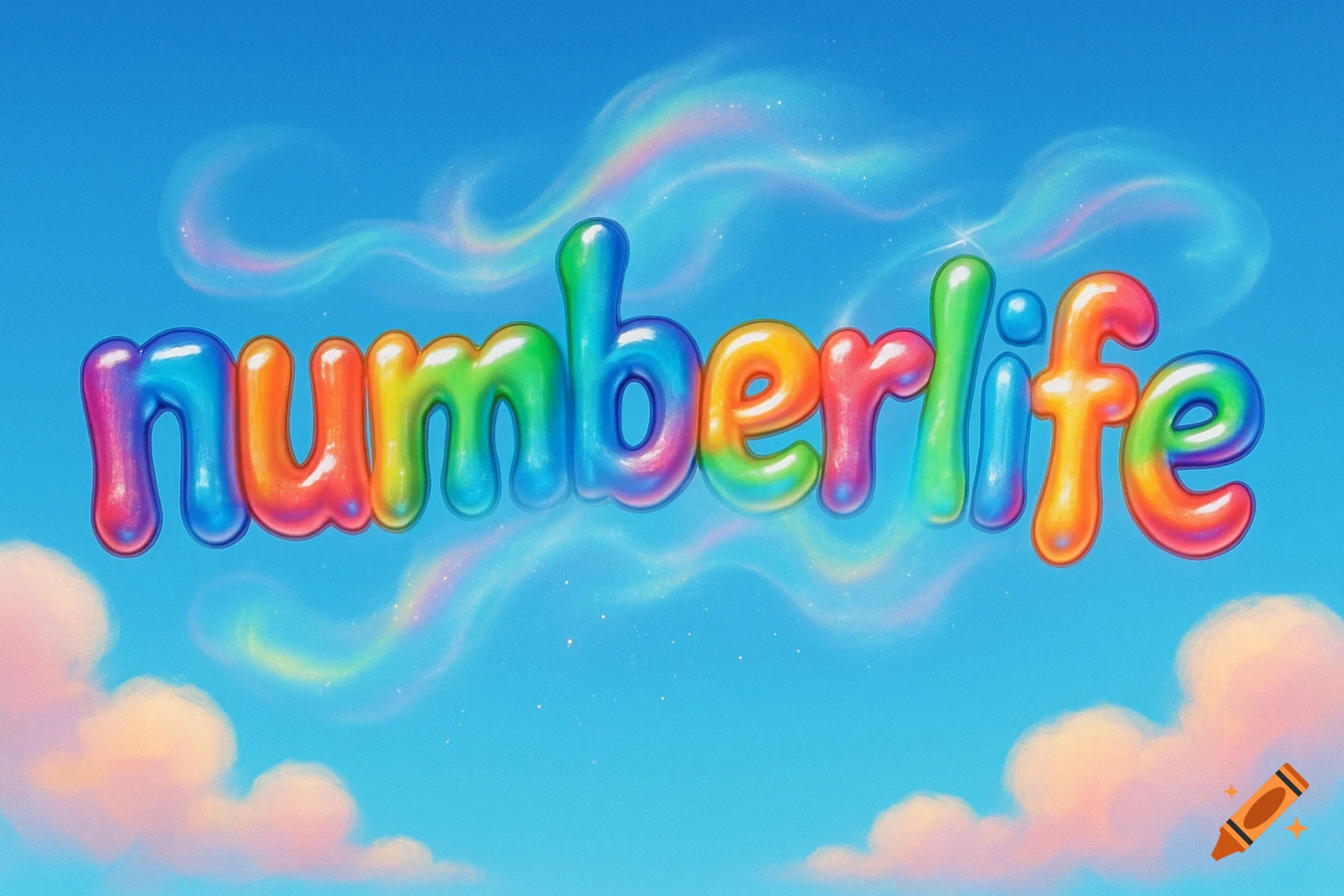 The word 'numberlife' in colorful, bubbly rainbow font floats in a bright blue sky with wispy rainbow clouds.