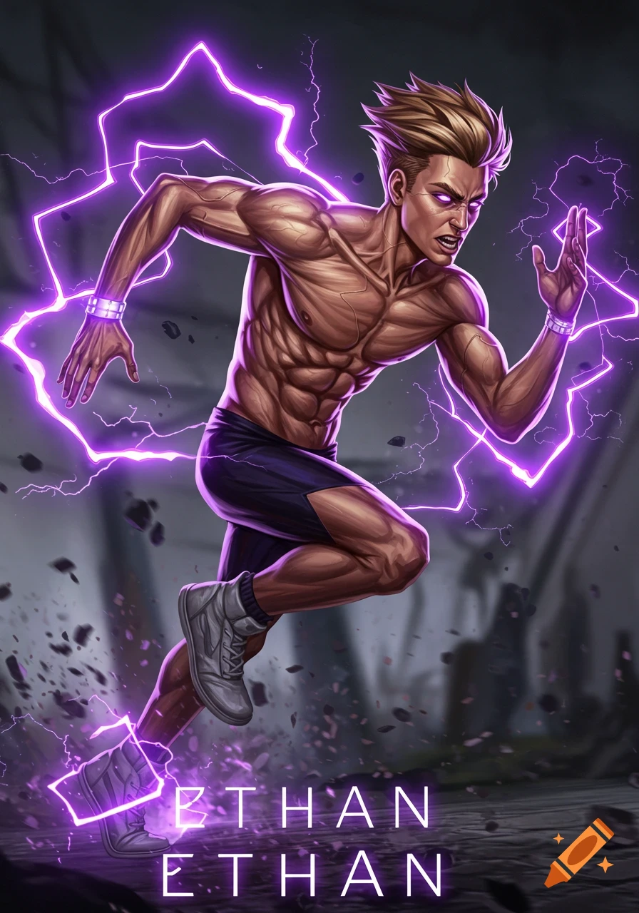A muscular man with spiky blond hair and glowing purple eyes, wearing black shorts, running amidst purple lightning. The name 'Ethan' is at the bottom.