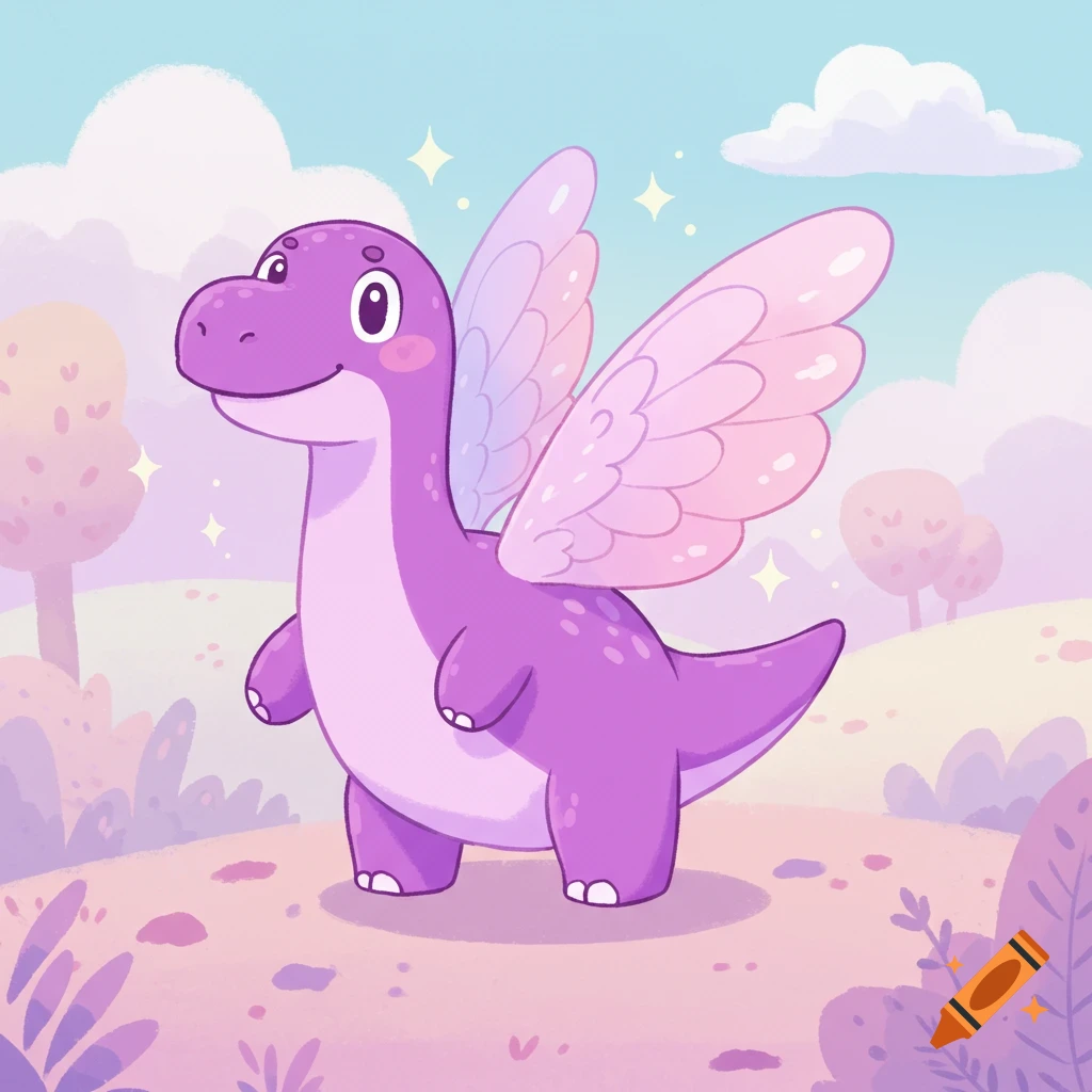 A smiling, cute 2D cartoon purple dinosaur with pink wings stands in a pastel landscape with sparkling effects.