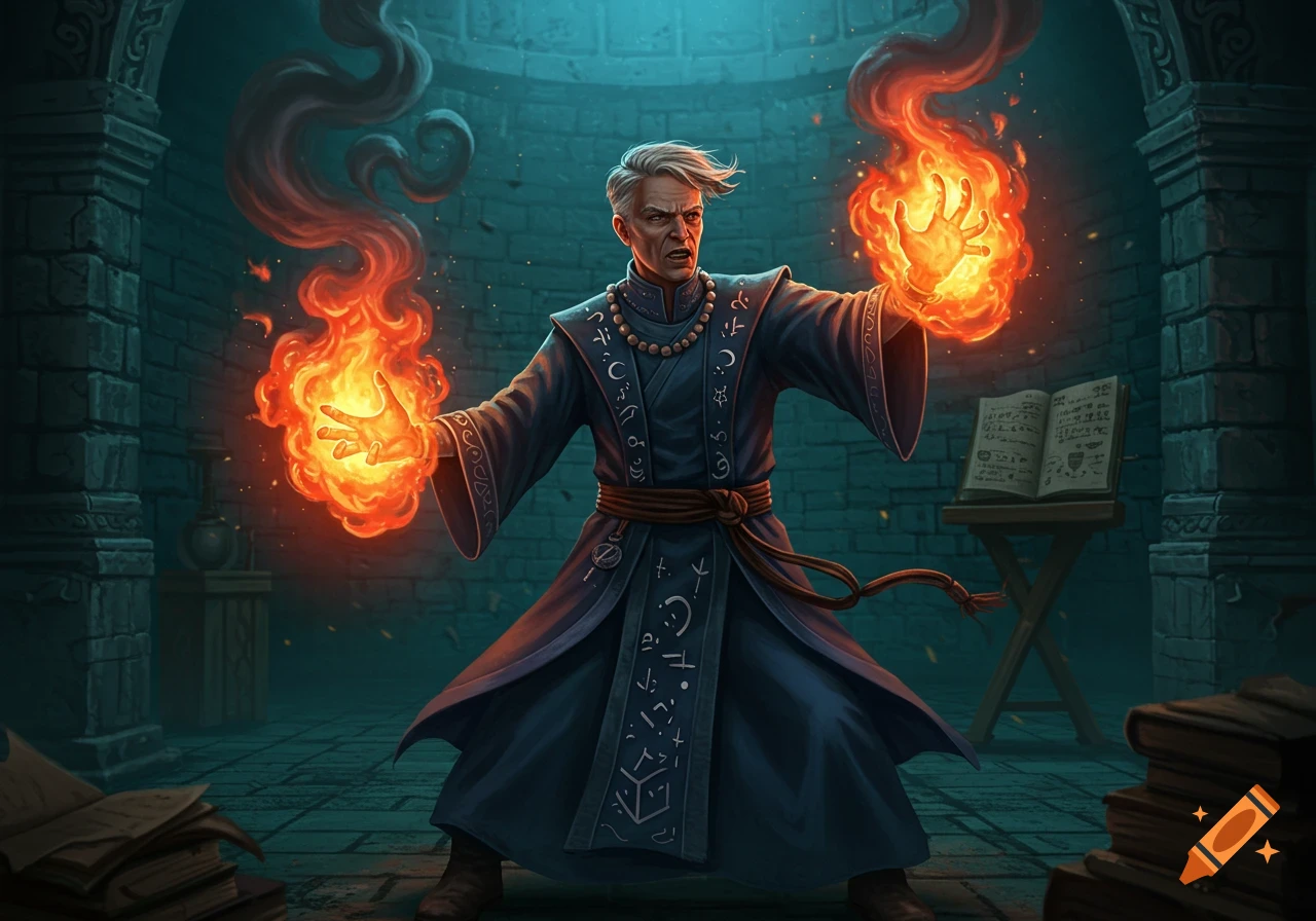 An old sorcerer with short grey hair casts fire spells from his hands in a dimly lit stone dungeon, with an open spellbook on a stand.