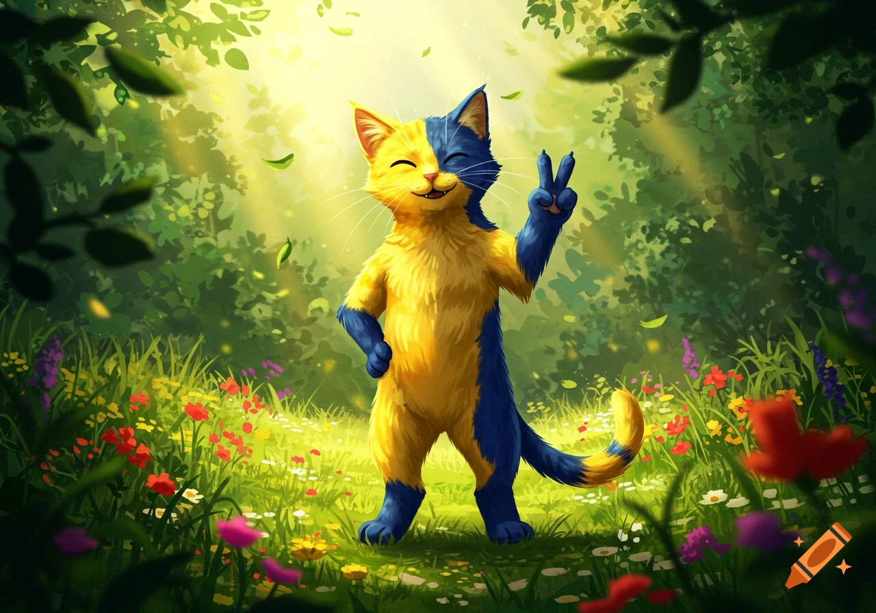A smiling, bicolored yellow and blue cat stands in a sunny forest, making a peace sign. Stylized illustration.