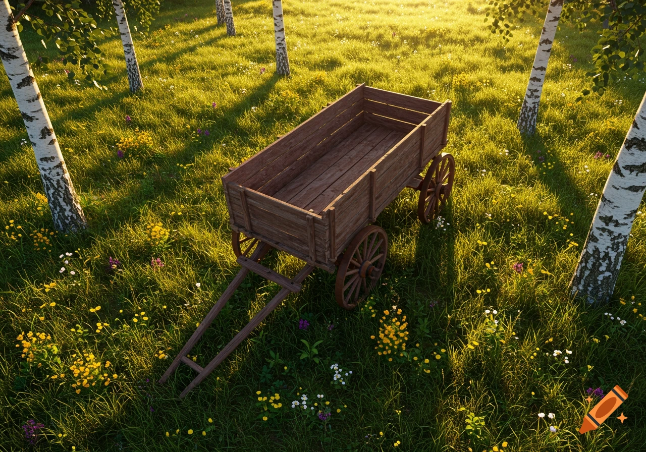 High-angle view of a rustic wooden wagon in a sun-dappled grassy field with birch trees and wildflowers.