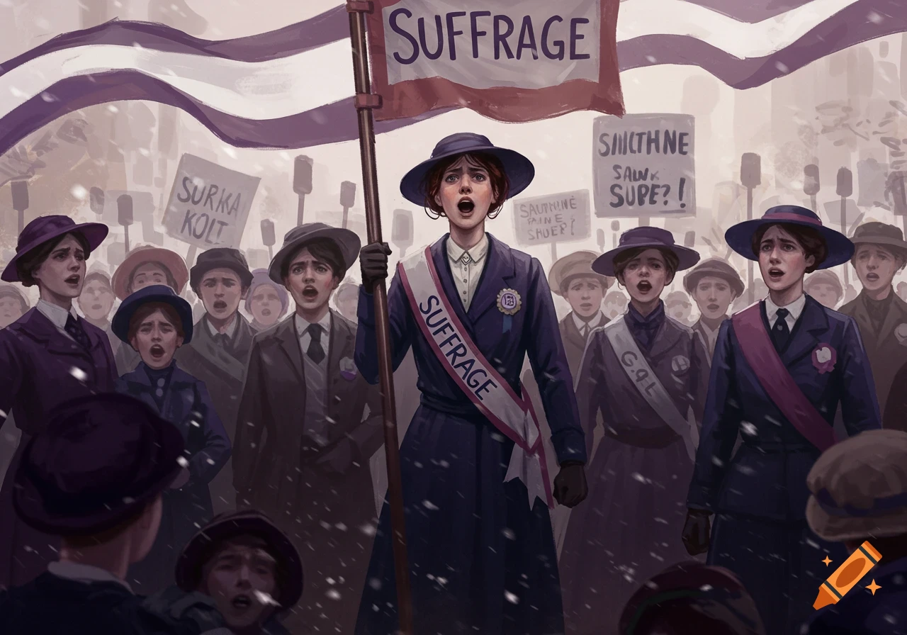 A group of women in historical attire protest in the snow, a central figure holds a banner reading 'SUFFRAGE'.