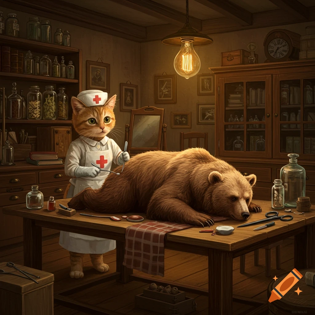 An anthropomorphic ginger cat nurse, wearing a white uniform and cap, stands over a large brown bear lying on a wooden table in a dimly lit, old-fashioned study filled with apothecary jars and medical tools.