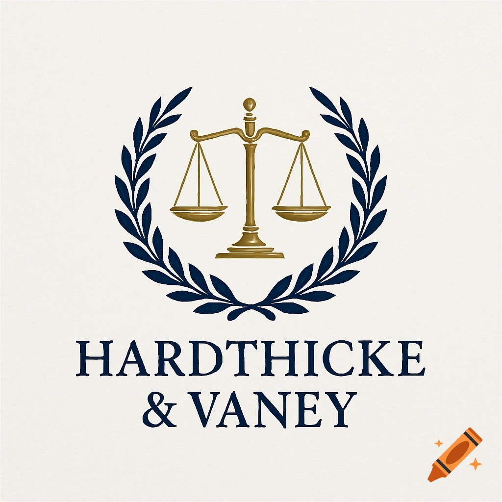 A logo for Hardthicke & Vaney, featuring golden scales of justice within a dark blue laurel wreath and the company name in blue text.