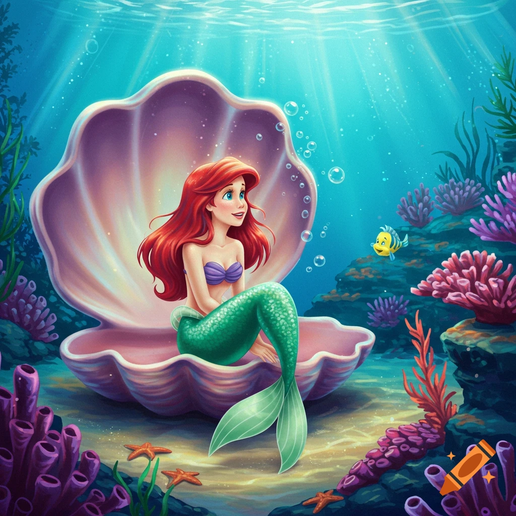 Ariel the Little Mermaid with red hair and green tail sits in a large open seashell on the ocean floor, surrounded by coral and a fish.