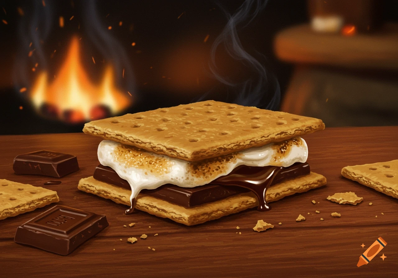 A gooey s'more with melted marshmallow and chocolate on a wooden table, with a cozy fireplace burning in the background.