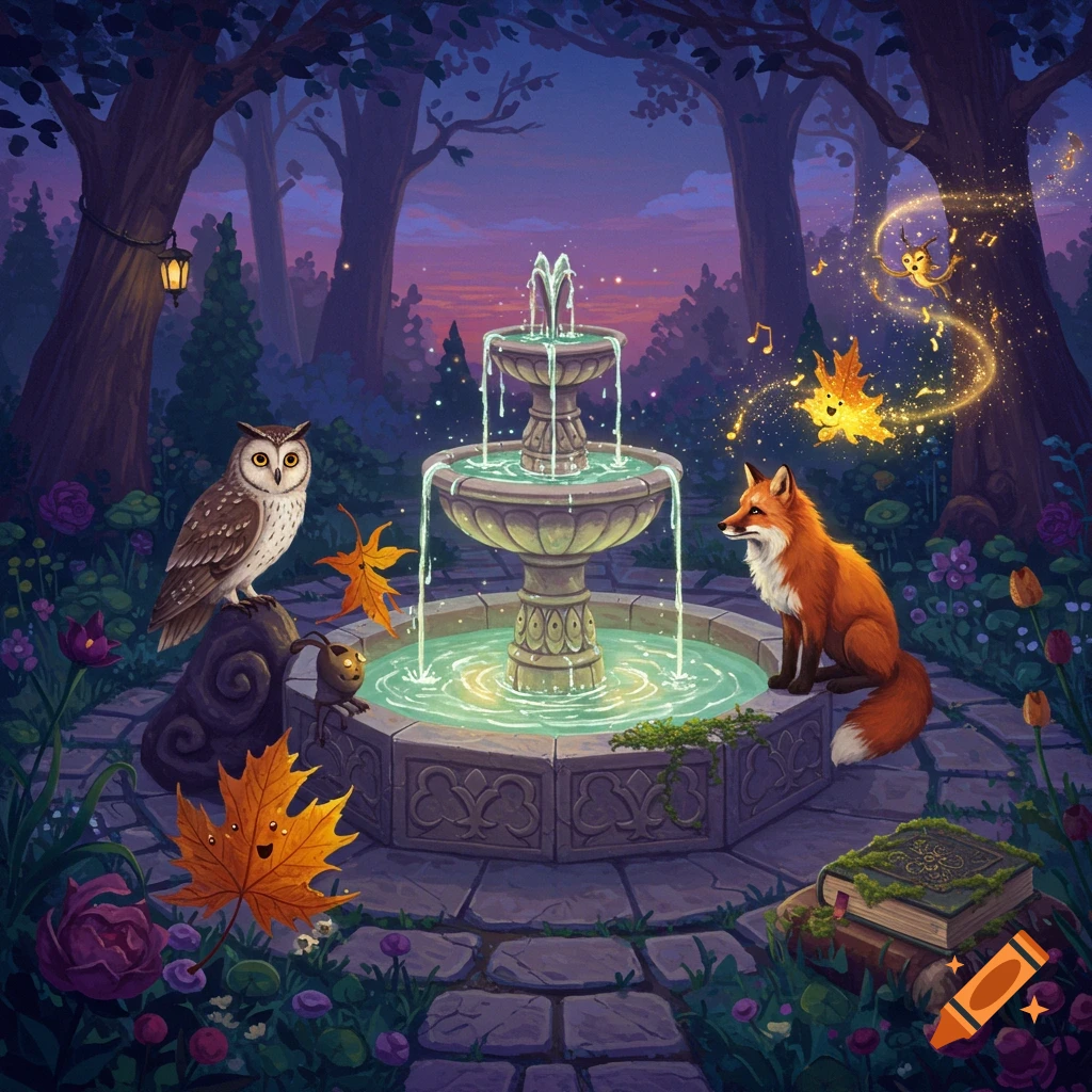 A whimsical illustration of an owl, a fox, and glowing leaves with musical notes in an enchanted forest around a magical fountain at dusk.
