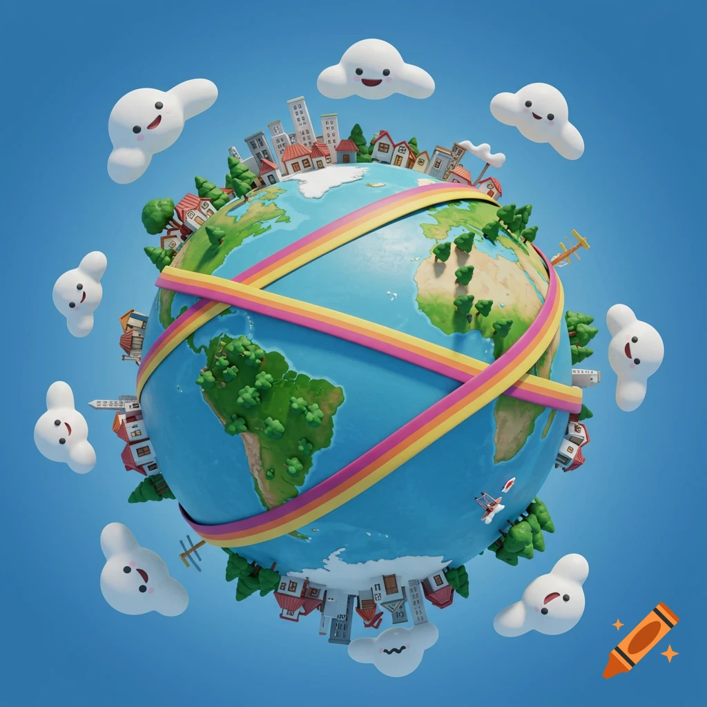 A cute, cartoon Earth with a rainbow ribbon wrapped around it, surrounded by smiling white clouds and tiny houses.