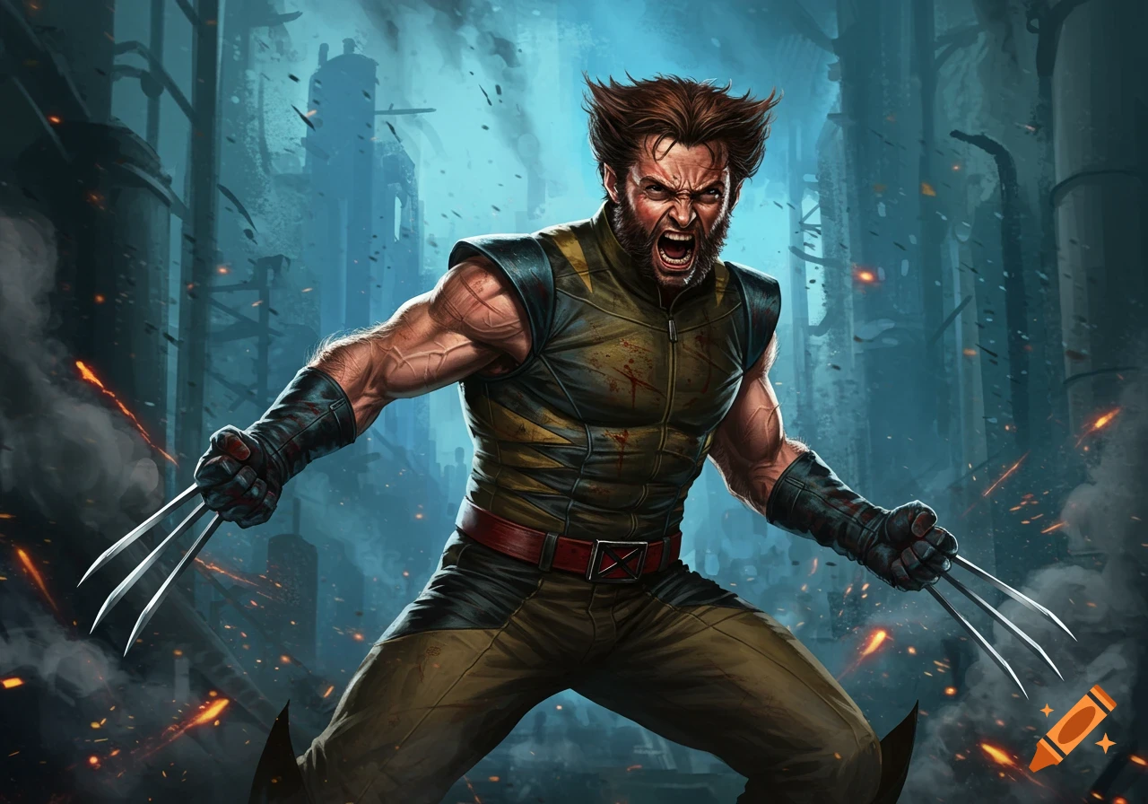 Wolverine, a male superhero, roars with his claws extended, striking an aggressive pose in a gritty, stylized cityscape with flying debris and sparks.