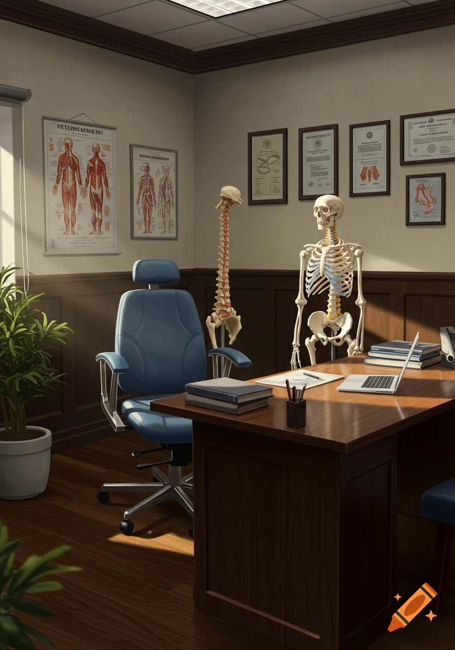 An orthopedic doctor's office with two human skeletons, anatomical charts, and certificates on the wall. A blue office chair sits at a wooden desk with a laptop and books.