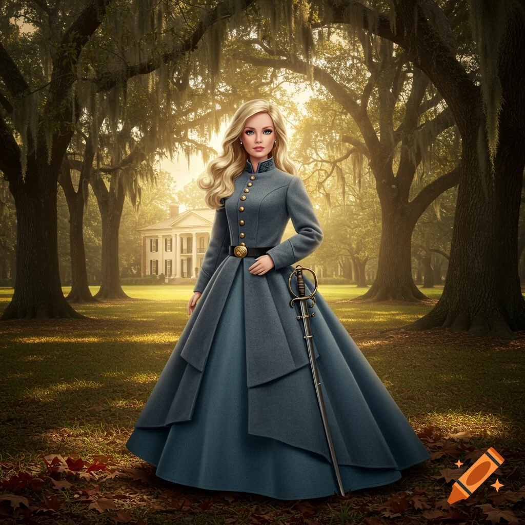 A blonde Barbie doll dressed in a blue Confederate soldier's uniform and holding a sword stands in a grassy field with large trees and a white manor house in the background.