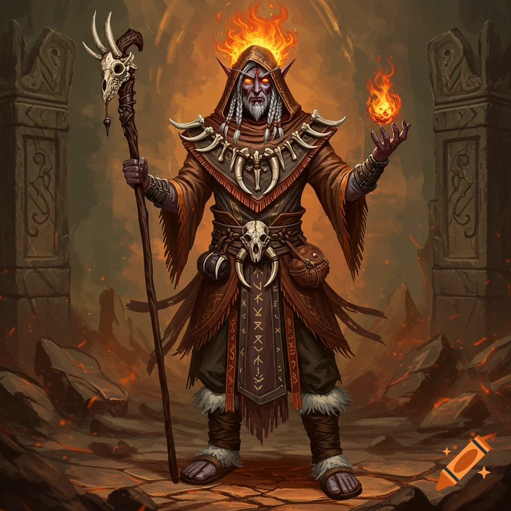 A fiery half-elf diviner in robes adorned with skulls and runes holds a staff and a flame in a dark, ancient setting.