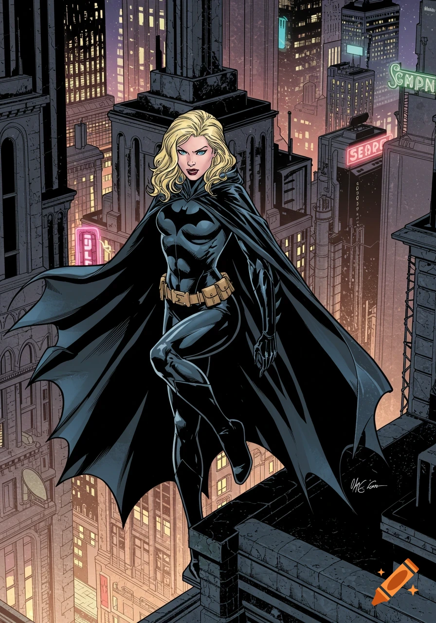 A blonde female superhero in a black suit and cape stands on a rooftop overlooking a neon-lit city at night, in a comic art style.