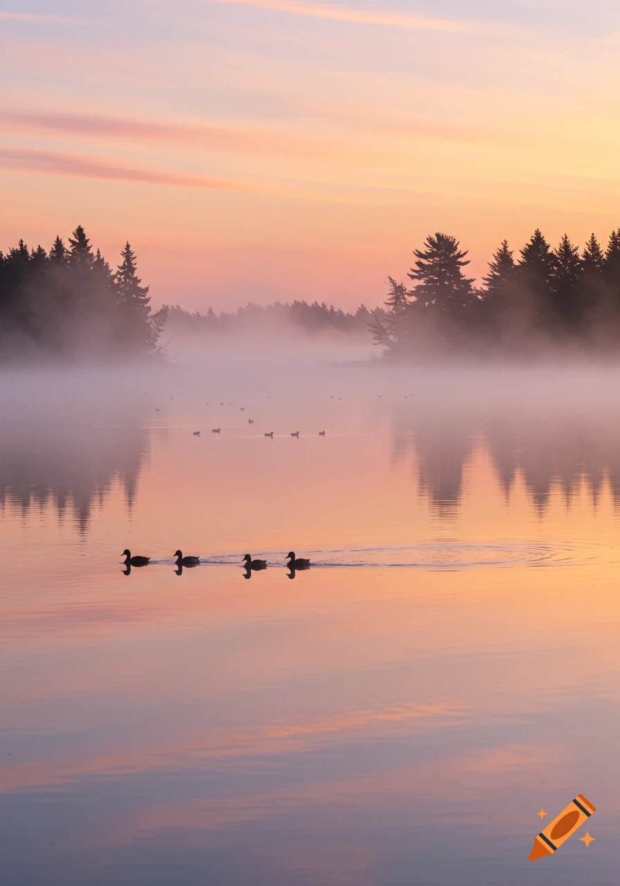 Four ducks swim on a misty lake reflecting a colorful sunrise with silhouetted trees.