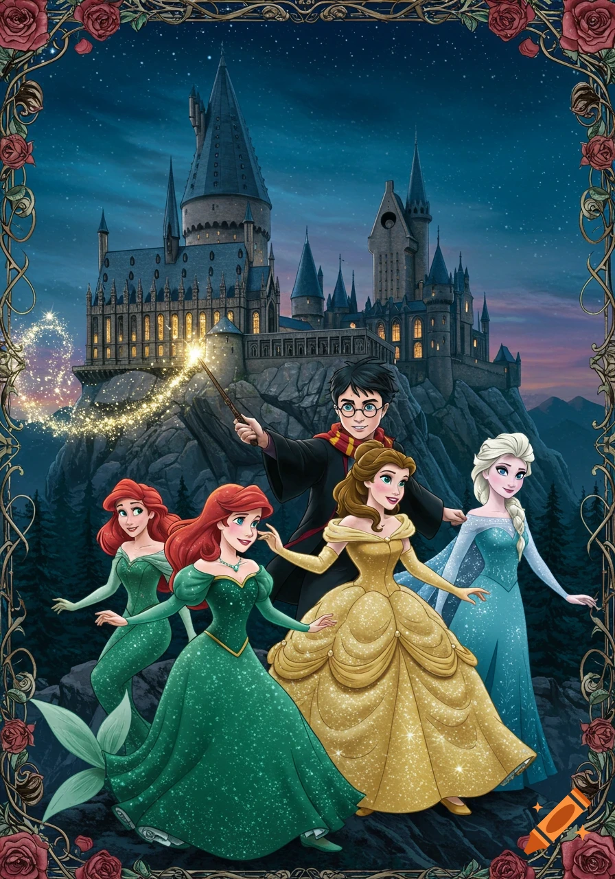 Harry Potter, Belle, Elsa, and two Ariels stand in front of Hogwarts castle as Harry casts a spell. Illustrated fantasy art.