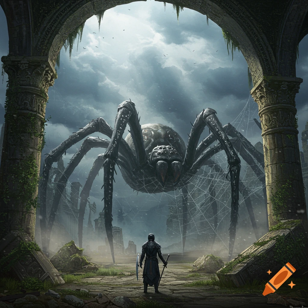 Knight faces a colossal spider in ancient ruins under a stormy sky, dark fantasy.