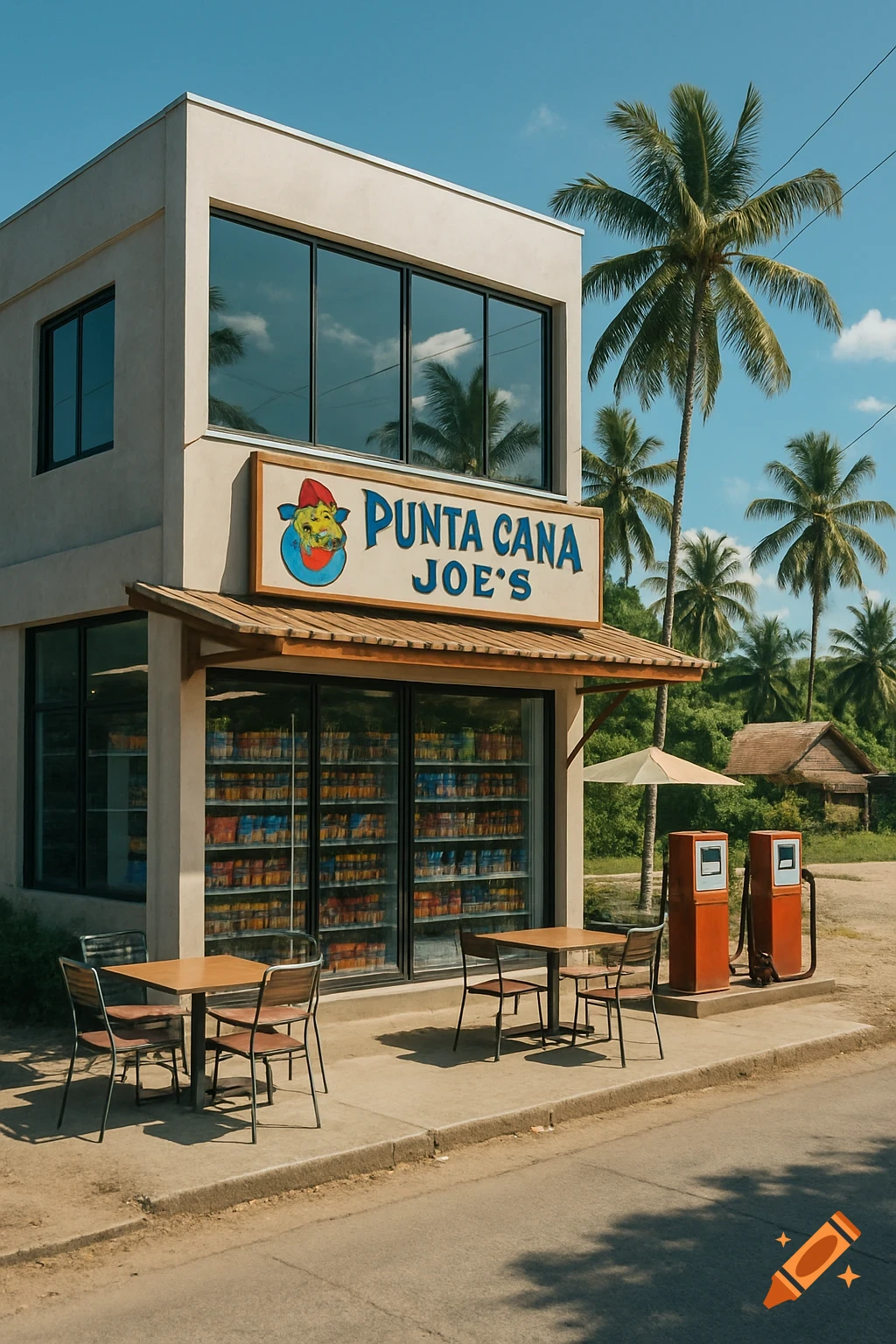 Photorealistic view of 'Punta Cana Joe's' rural storefront with palm trees, outdoor seating, and gas pumps under a sunny sky.