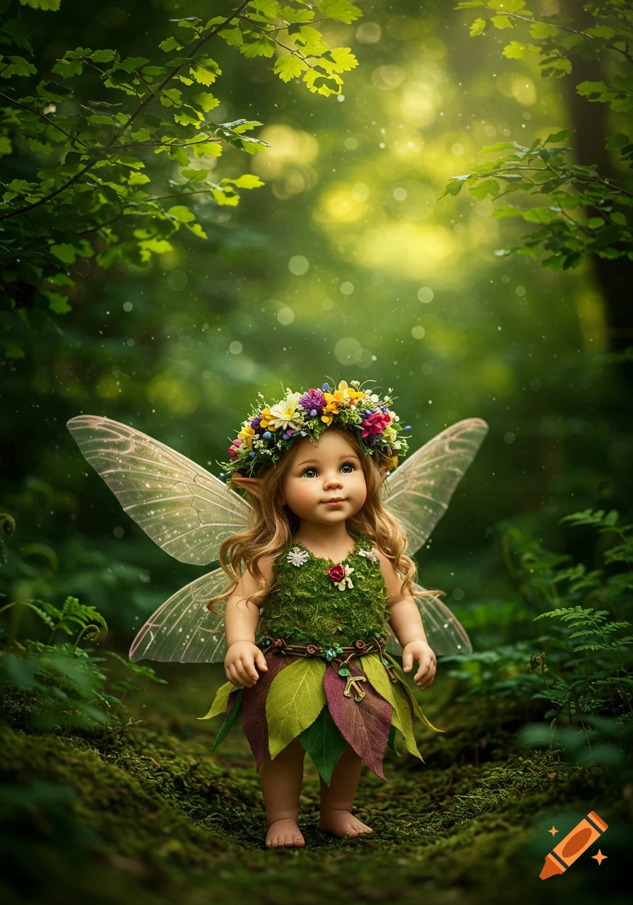 A photorealistic pixie doll with a wildflower crown and leaf dress stands in a sunlit forest.