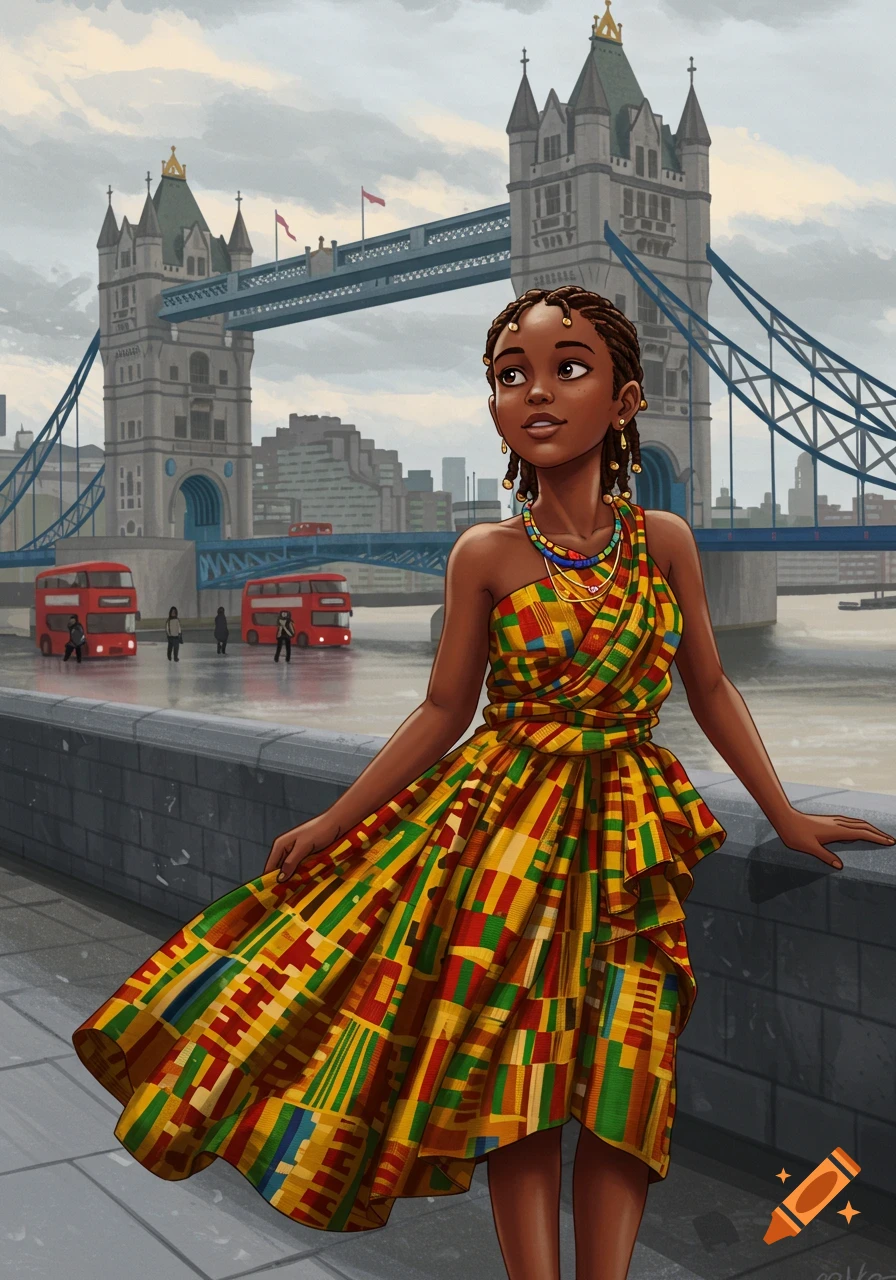 A young Black girl with braided hair wears a vibrant Kente cloth dress and beaded jewelry, standing by Tower Bridge in London.
