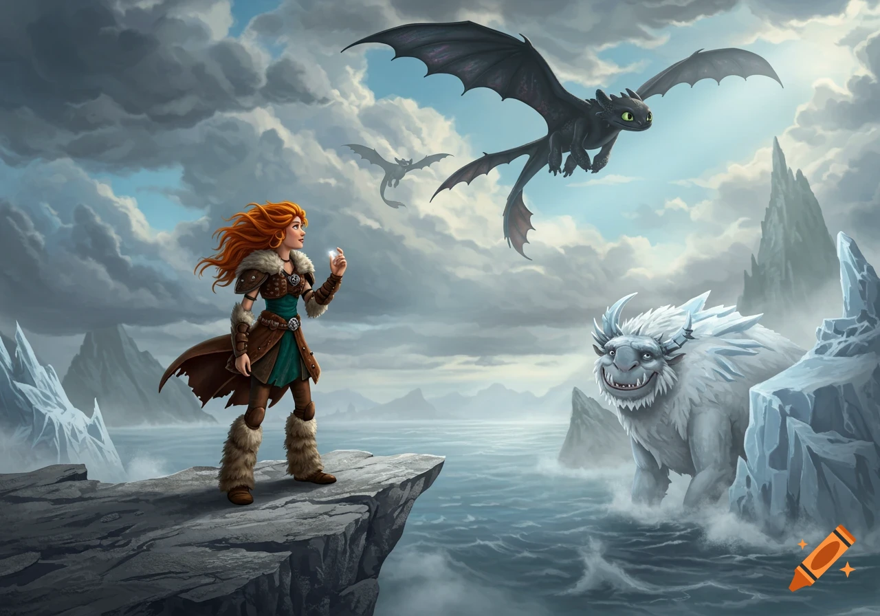 Red-haired woman on a cliff, a black dragon flying above, and a white yeti-like creature in the ocean in a fantasy illustration.