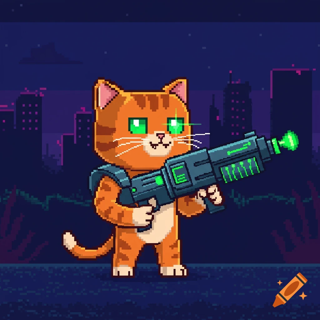 An orange pixel art cat with glowing green eyes, holding a futuristic green ray gun against a dark pixel art city skyline at night.
