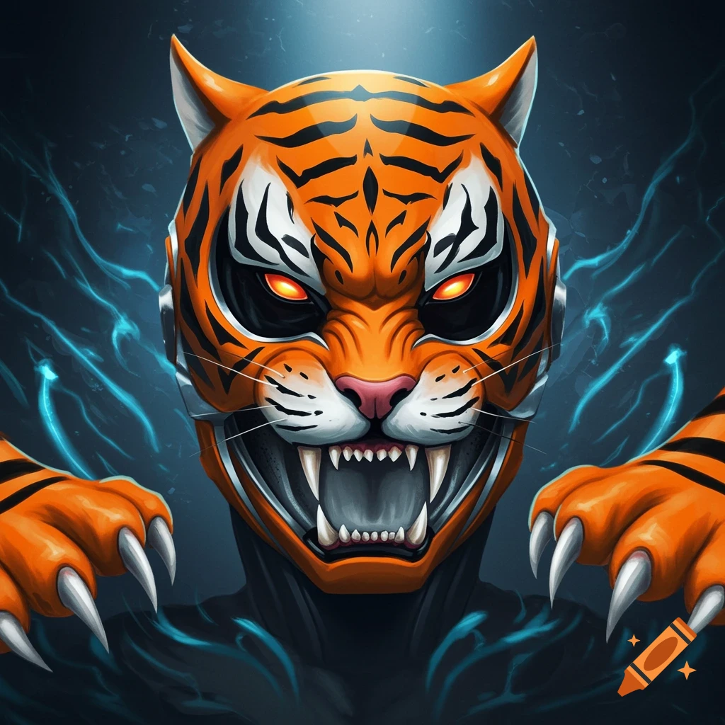 A stylized tiger helmet with glowing red eyes and sharp claws, set against a dark, energetic background in a digital art style.