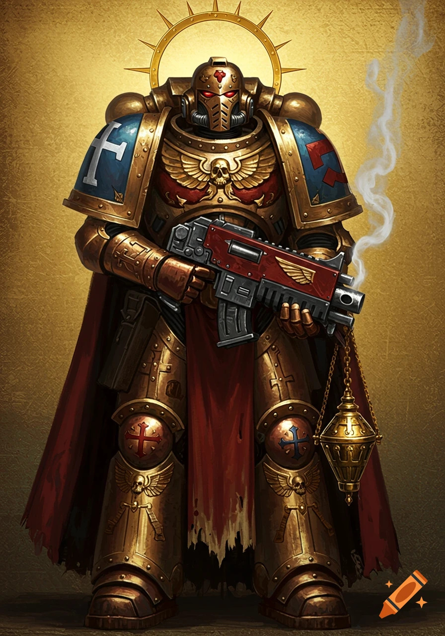 A Warhammer 40k Space Marine in ornate golden power armor, red cape, holding a bolter and censer, with a halo, in an Orthodox icon style.