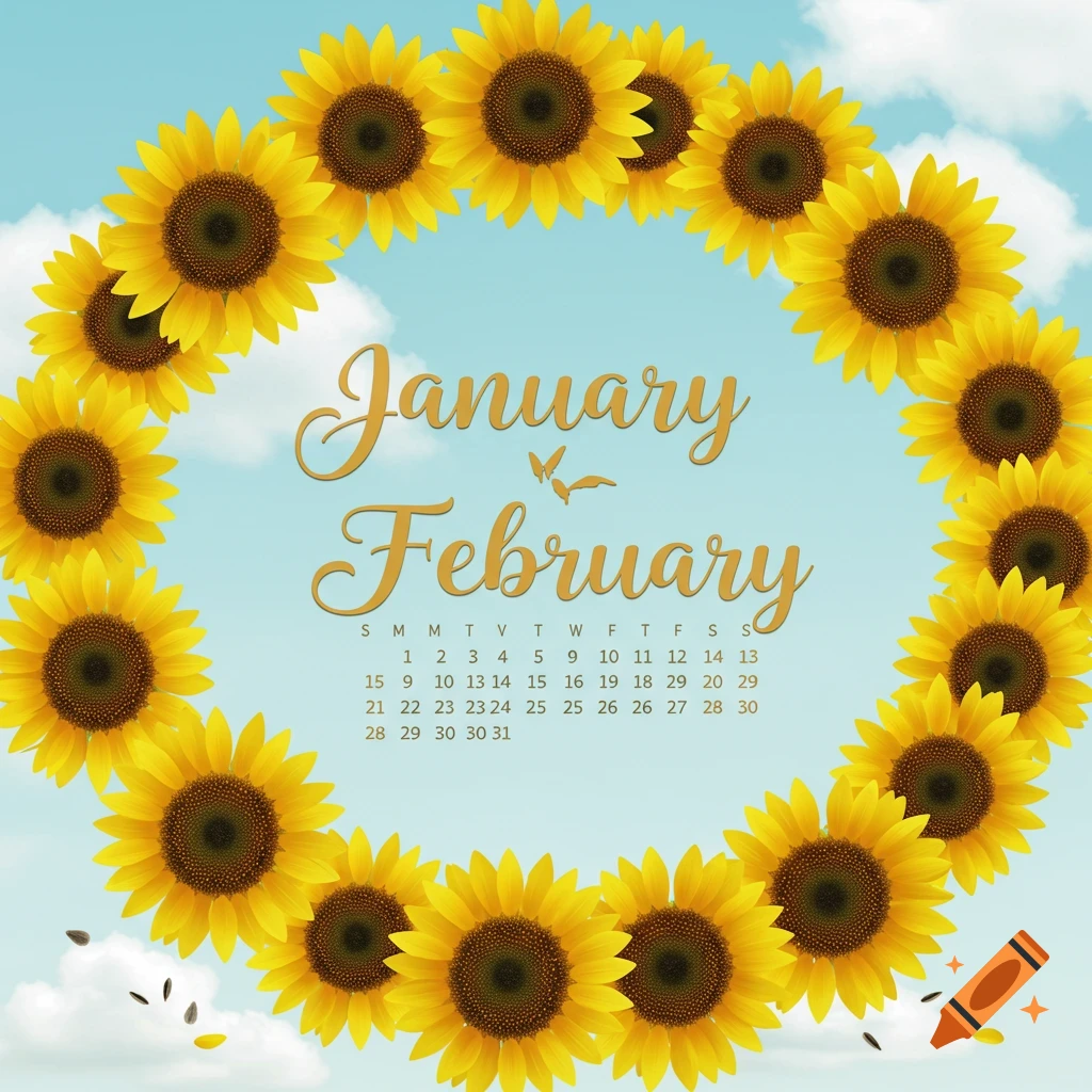 A wreath of bright yellow sunflowers frames the words 'January February' and a calendar on a blue sky with white clouds.