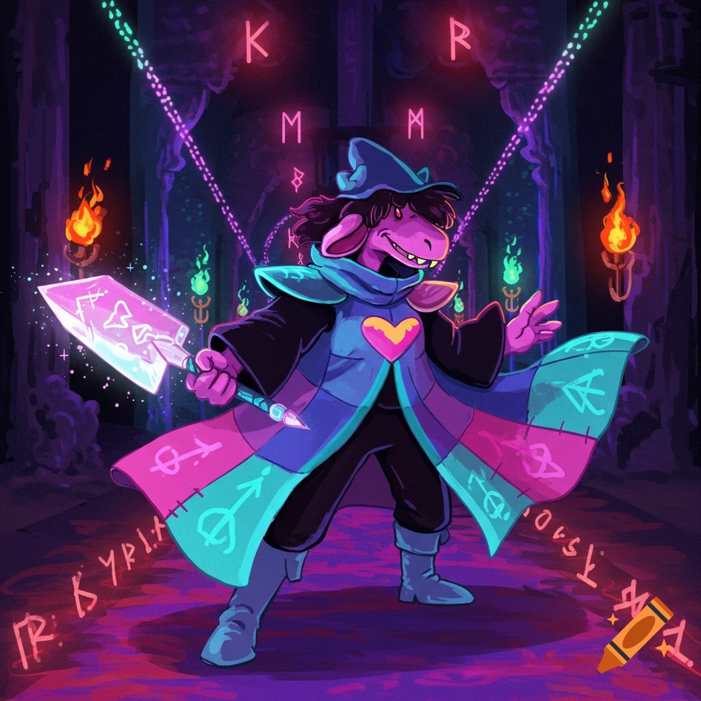 A cartoon goat-like character in a wizard hat and colorful cloak holds a glowing shovel in a dark, magical dungeon with neon runes and torches.