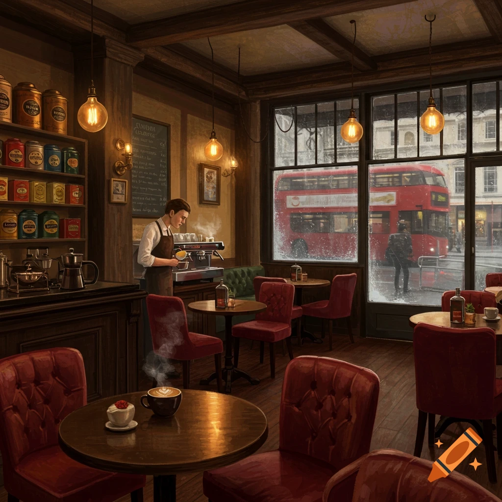 A detailed illustration of a cozy London coffee shop interior with a barista, patrons, and a red double-decker bus visible through the window.