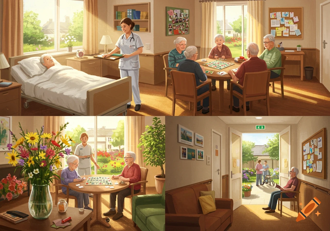 A four-panel illustration showing scenes in a long-term care facility. Panels depict a patient in bed, seniors playing bingo, people in a courtyard, and a senior reading by a nursing station.