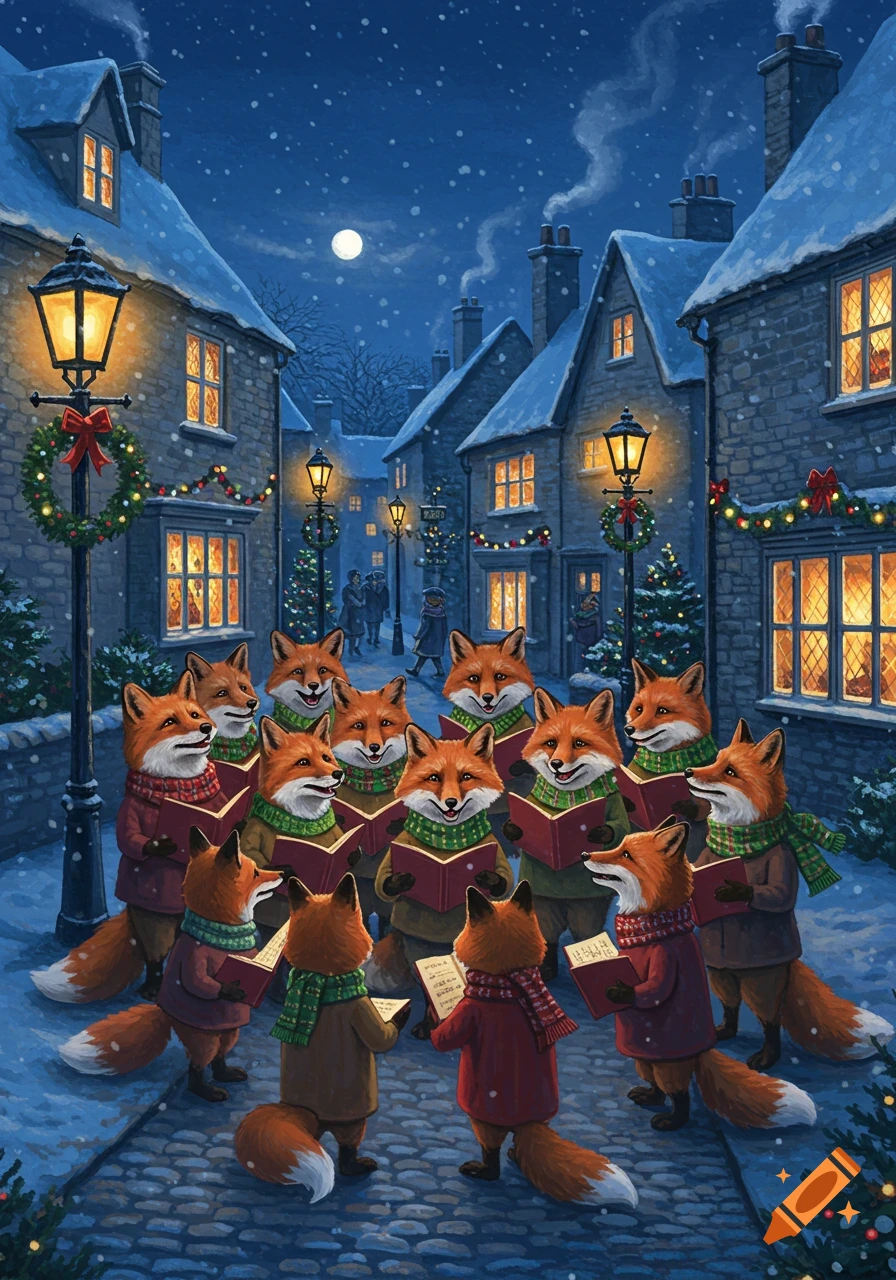 A group of cheerful anthropomorphic foxes caroling in a snowy, gaslit English village at night, holding songbooks.