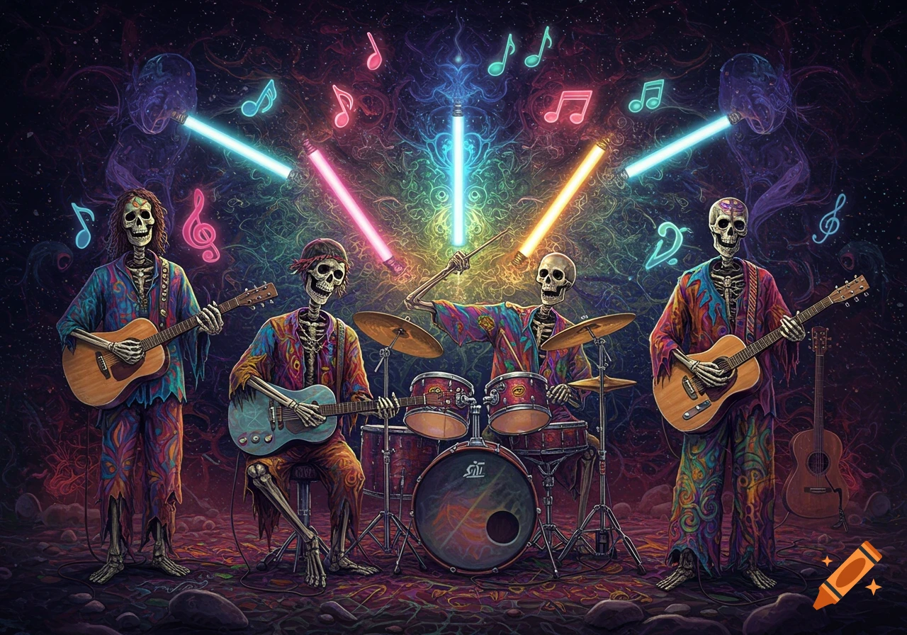 A psychedelic skeleton band playing instruments on a cosmic background with glowing musical notes and colorful light beams.