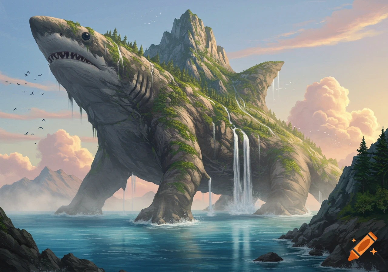 A colossal island monster resembling a walking shark made of rocks and covered in trees and waterfalls, standing in clear blue water at sunset.