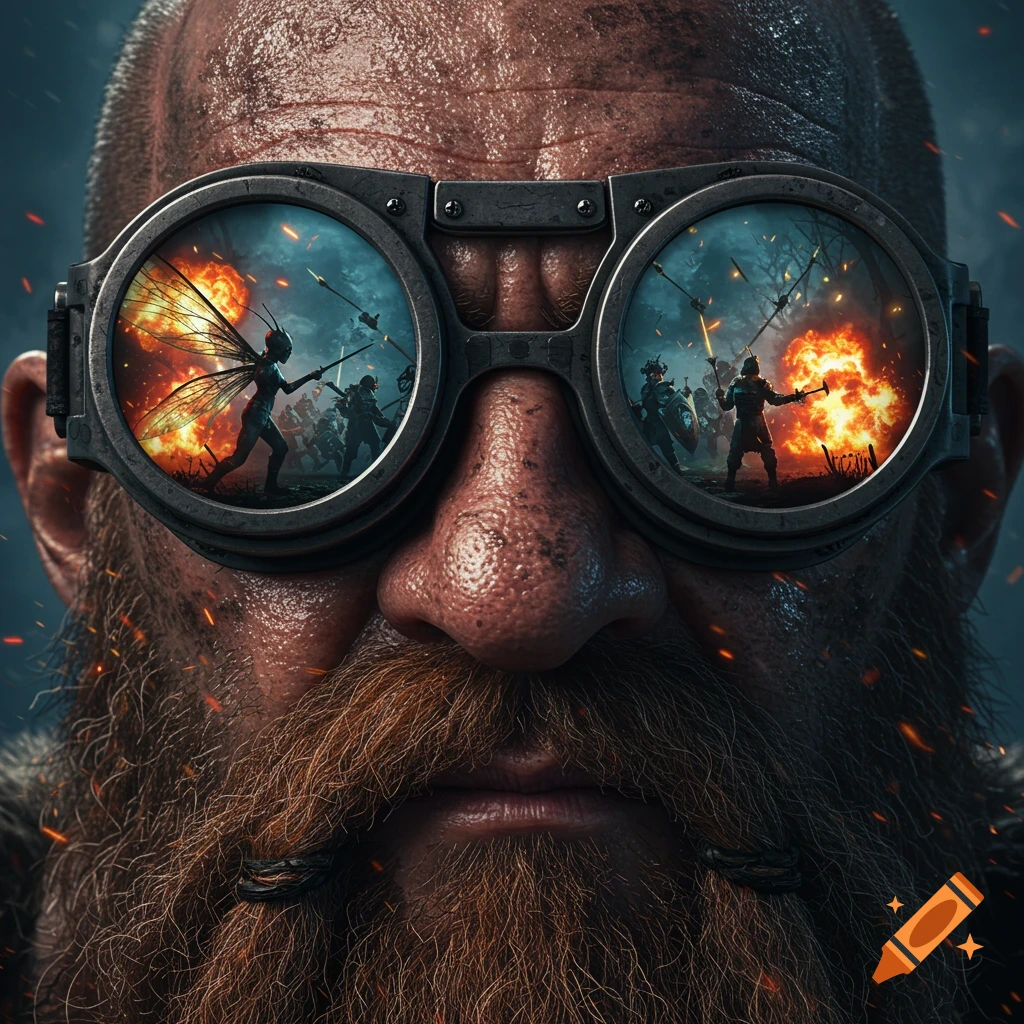 Close-up of a hyper-realistic, battle-hardened dwarf wearing goggles reflecting a chaotic fantasy battle with a fairy, soldiers, and explosions.