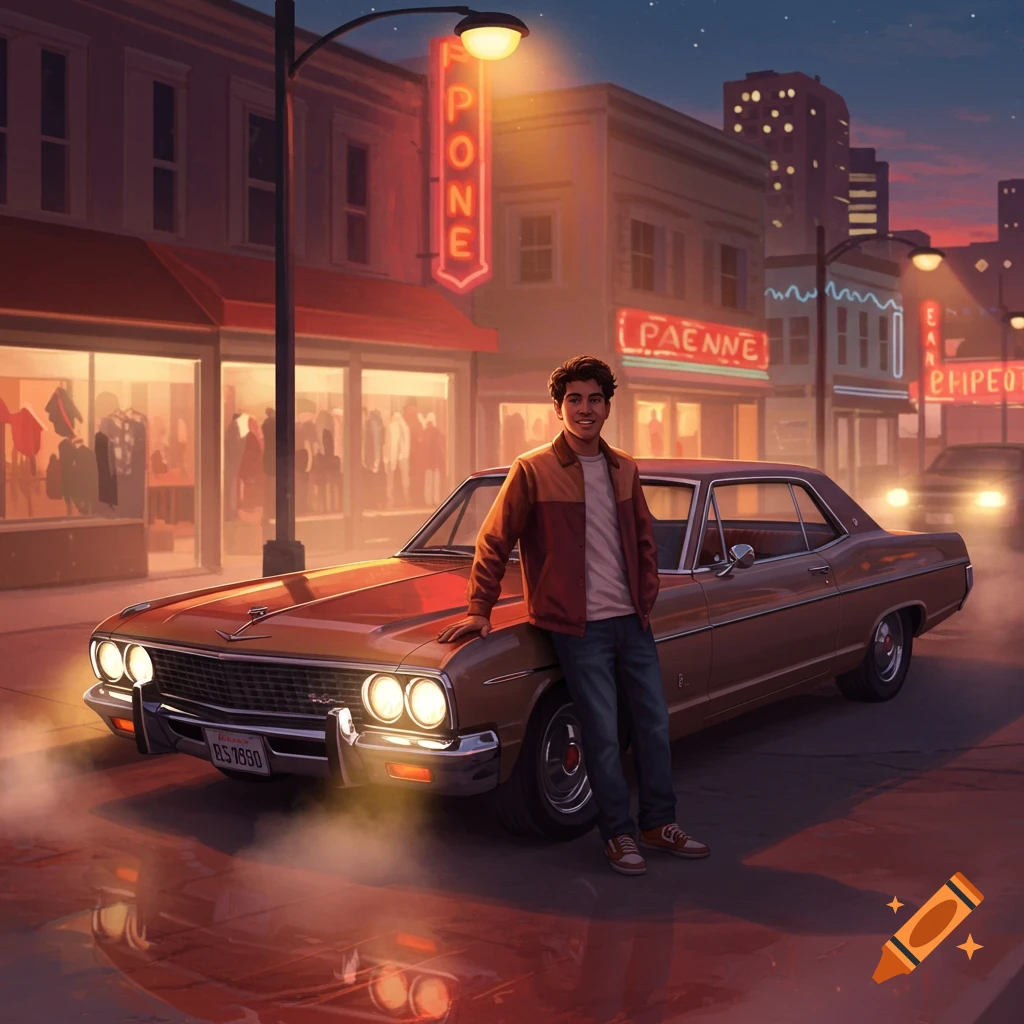 A smiling young man leans on a classic car on a city street at night, illuminated by neon signs and streetlights.