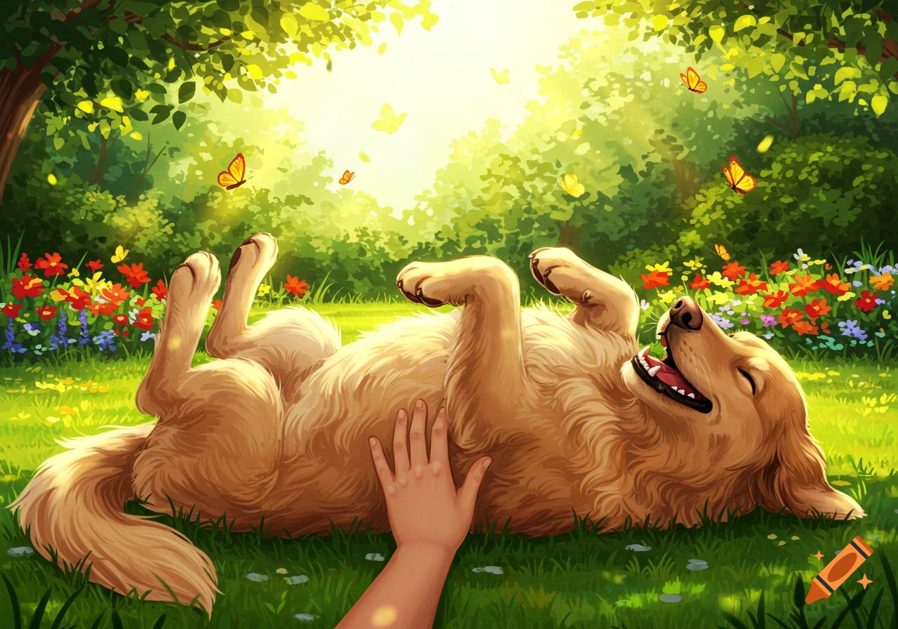 A happy golden retriever lies on its back, getting belly rubs in a sunny, flower-filled park. Illustration.