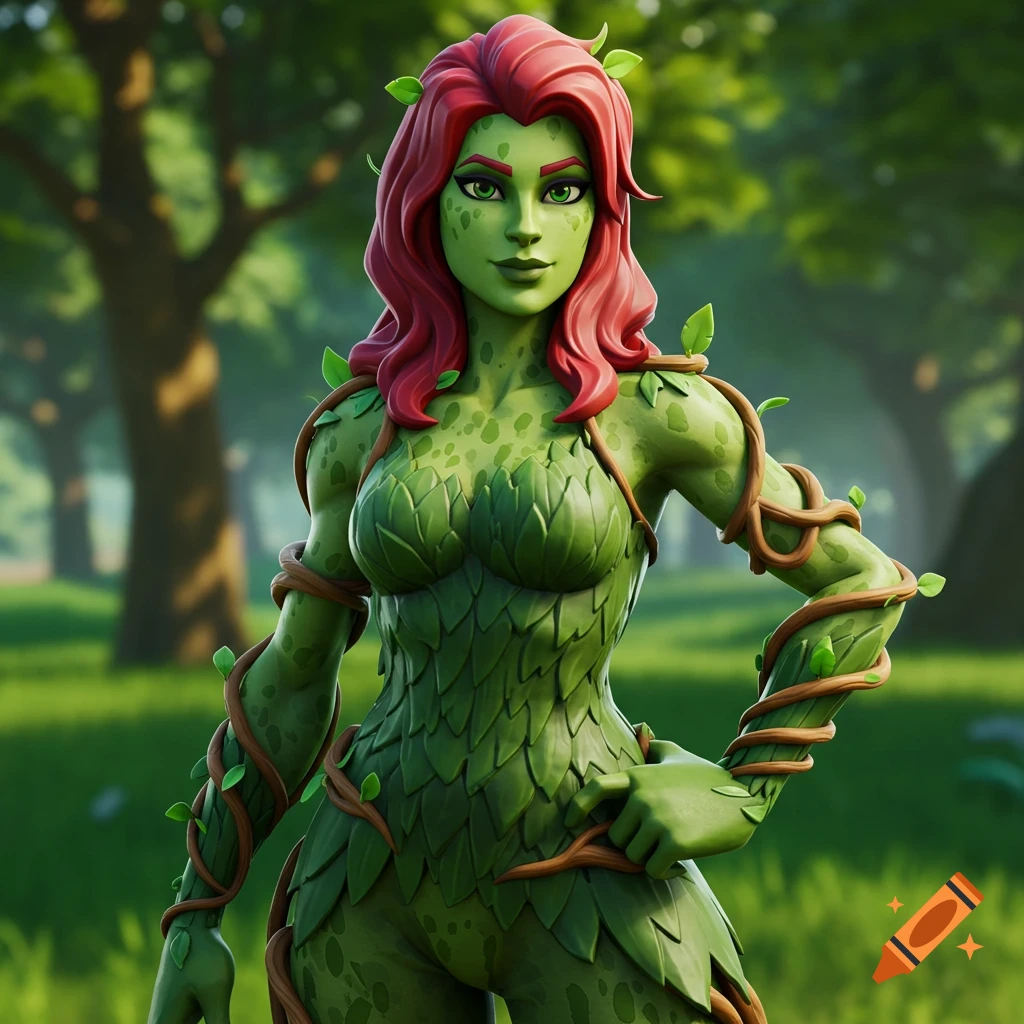 A green-skinned Fortnite character with red hair, dressed in a leafy costume, stands in a forest.