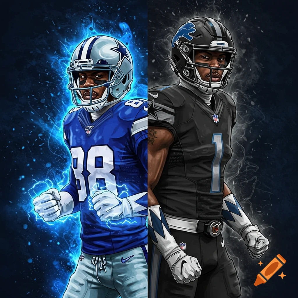 Anime-style split portrait of a football player in a blue Cowboys #88 uniform with blue energy, and another in a black Lions #1 uniform with white smoke.