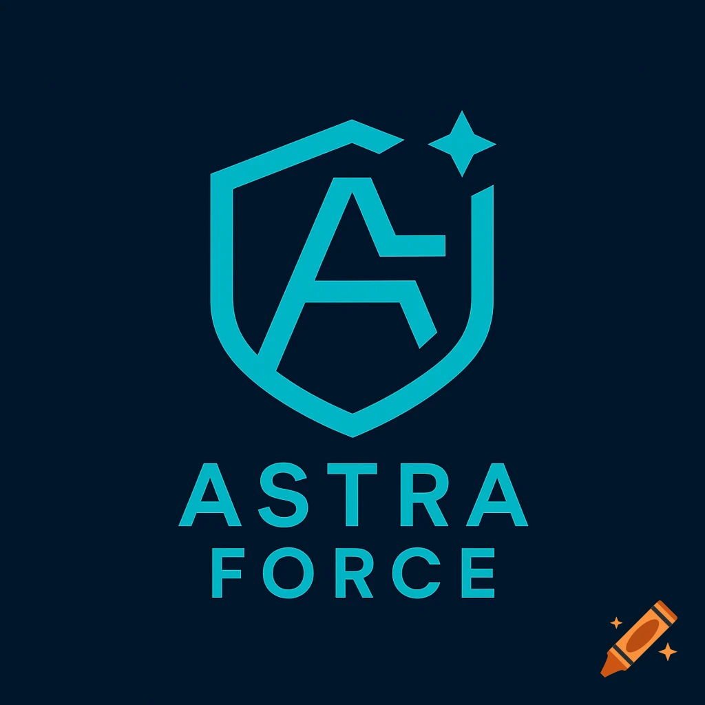 Minimal electric cyan 'Astra Force' logo with an 'A' and 'F' monogram shield and a star on a deep navy background.