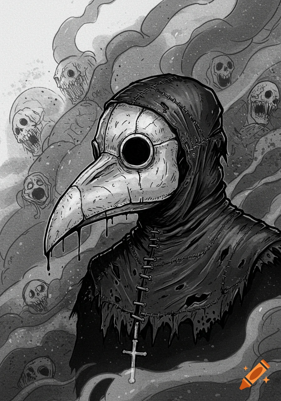 A gritty, black and white illustration of a plague doctor with a beaked mask, tattered robes, and a crucifix, surrounded by ghostly skulls and swirling smoke.