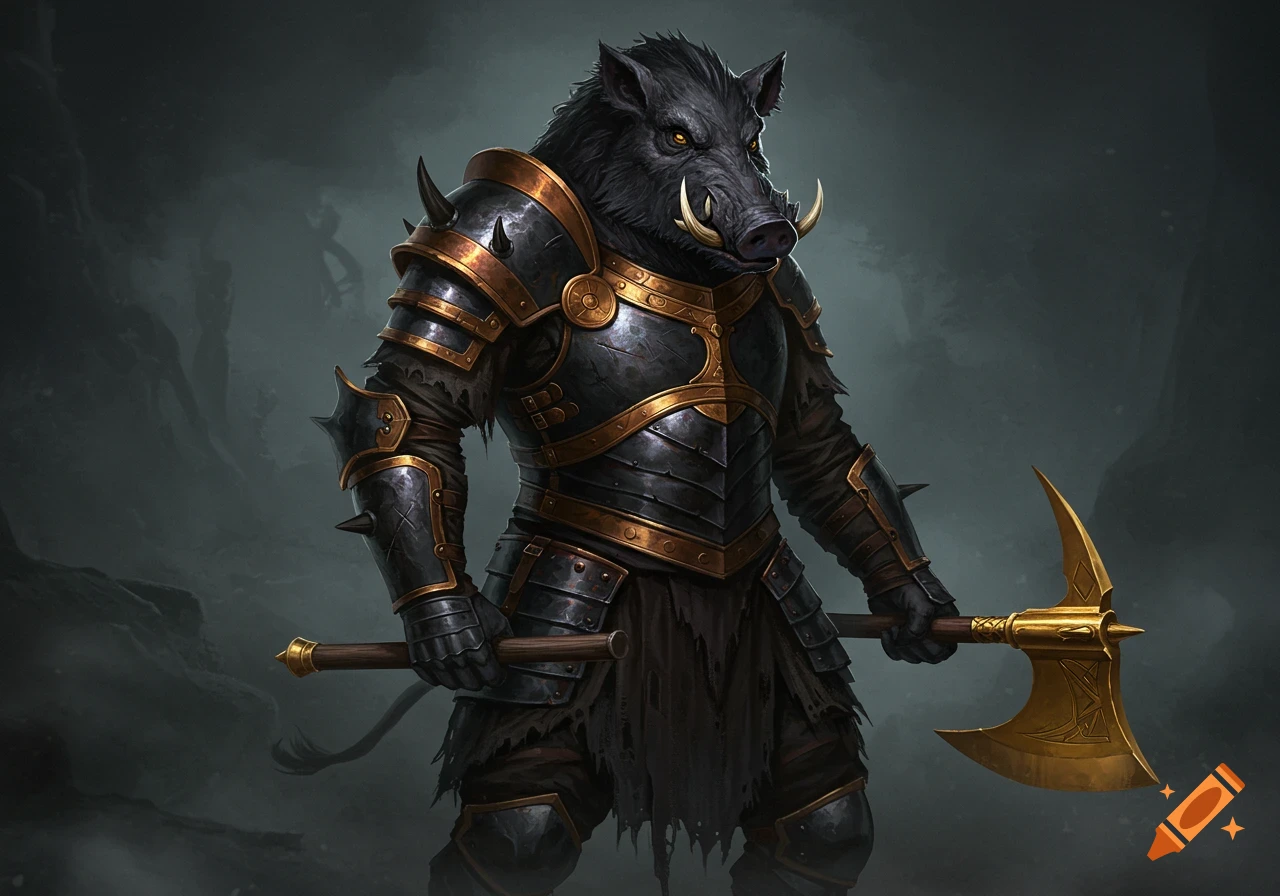 A fierce humanoid boar warrior in black and gold armor stands holding a golden axe against a dark, moody background.
