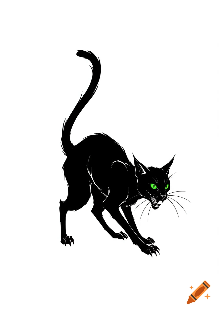 A stylized black cat with green eyes, hunched and hissing, depicted in a line drawing on a white background.