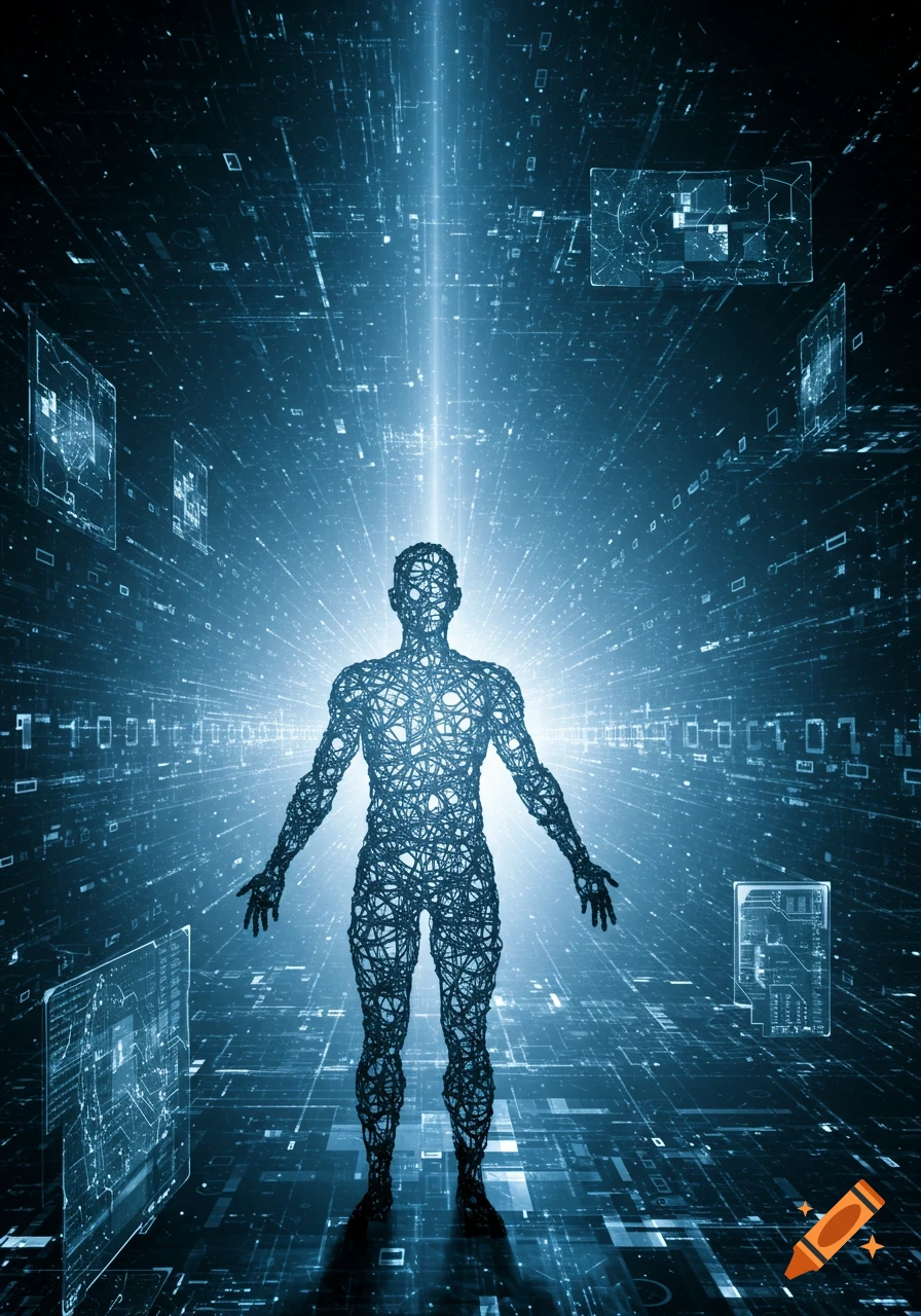 A glowing wireframe human figure stands in a futuristic digital tunnel, surrounded by binary code and data panels.