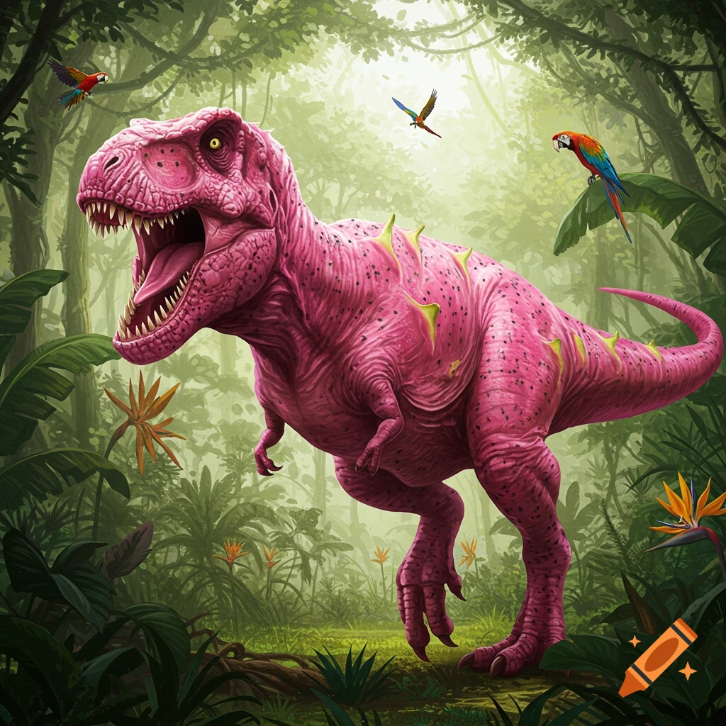 A vibrant pink T-Rex with green spikes and black spots stands roaring in a lush jungle with colorful parrots, digital art.