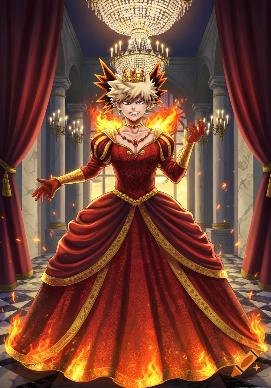An anime character, Bakugo, as a princess in a red and gold gown with fire effects, standing in a grand ballroom.